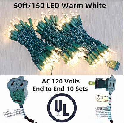 LUCKY SHINE 150 LED Warm White Christmas Lights, UL Certified and Commercial Grade Green Wire String Lights 50 Ft, for Indoor and Outdoor Use.