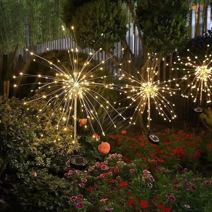 Solar Garden Firework Lights Outdoor Waterproof, 2 Pack 200 LED 8 Lighting Modes Sparklers Solar Twinkling Starburst Lights for Yard Flowerbed Pathway Fence Decorations, Warm White