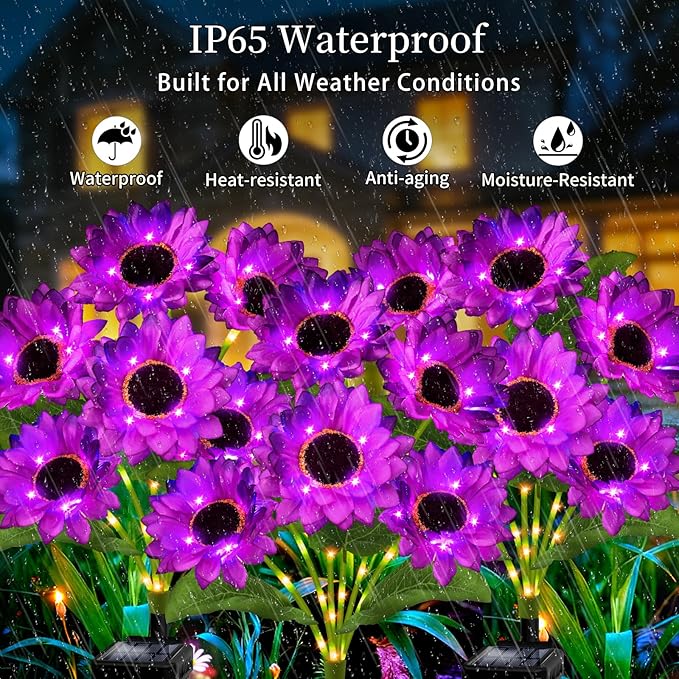 Solar Garden Lights Outdoor, 6 Pack Solar Purple Sunflower Lights with 18 Head 3.4 Inch Flowers, Waterproof Flowers Light Fall Decor Auto ON/Off for Garden Yard Patio Backyard, Gifts for Mom Women