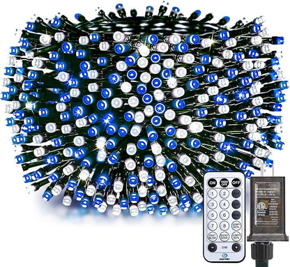 Minetom 50 Ft 1000 LED Cluster Christmas Tree Lights Outdoor Firecrackers String, 12 Modes Timer Remote Waterproof Plug-in Twinkle for Xmas Tree Party, Blue & Cool White