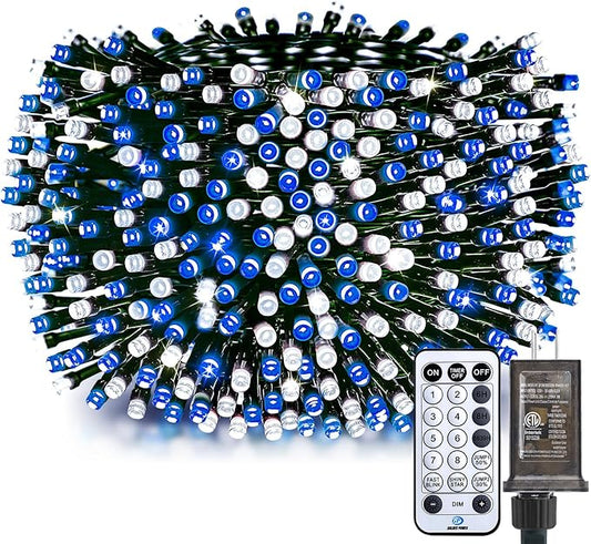 Minetom 50 Ft 1000 LED Cluster Christmas Tree Lights Outdoor Firecrackers String, 12 Modes Timer Remote Waterproof Plug-in Twinkle for Xmas Tree Party, Blue & Cool White