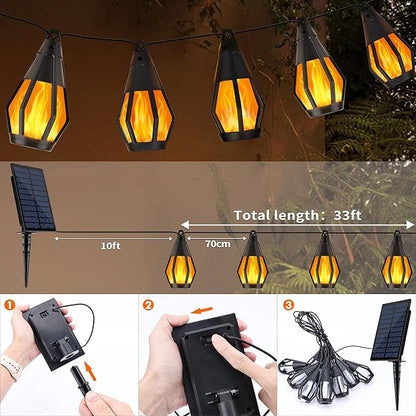 Solar String Lights for Outside, 33Ft Solar Patio Light with 15 Flickering Flame Light Bulbs, Waterproof Warm White Solar Powered Outdoor Lights for Garden Yard Patio Gazebo Bistro Cafe Party Decor