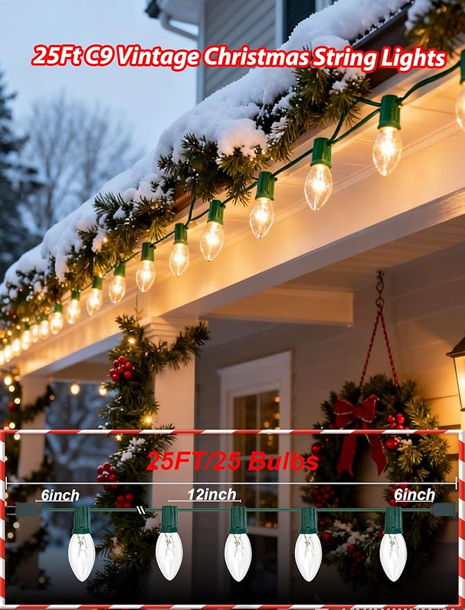 C9 Clear Christmas String Lights 25Ft C9 Outdoor Lights String with 26 Clear Bulbs, Hanging Christmas Roofline Light Patio Lights for Outdoor Decor 7 Watt C9/E17 Intermediate Base-Green Wire