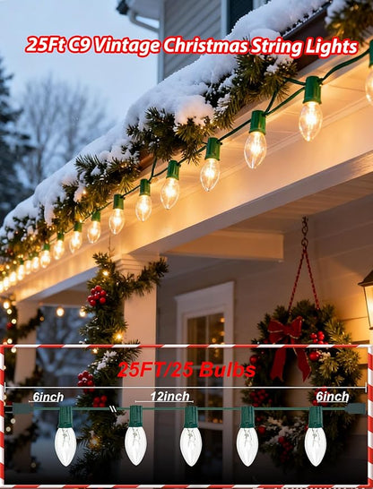 C9 Clear Christmas String Lights 25Ft C9 Outdoor Lights String with 26 Clear Bulbs, Hanging Christmas Roofline Light Patio Lights for Outdoor Decor 7 Watt C9/E17 Intermediate Base-Green Wire