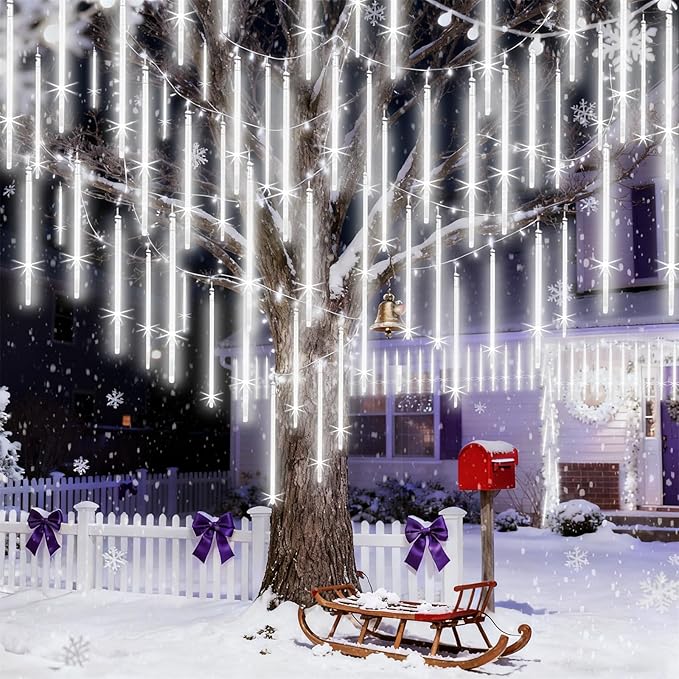 Meteor Shower Lights Outdoor Christmas Lights UL Certified Falling Rain Drop Snowfall Icicle Cascading String Light for Xmas Holiday Tree Wedding Party Garden Decor White, 20 Inch 20 Tubes
