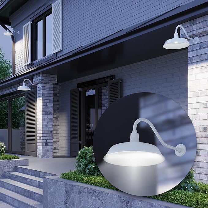 17in. White Finish Outdoor Gooseneck Barn Light Fixture with 22in. Long Extension Arm - Wall Sconce Farmhouse | Lumora
