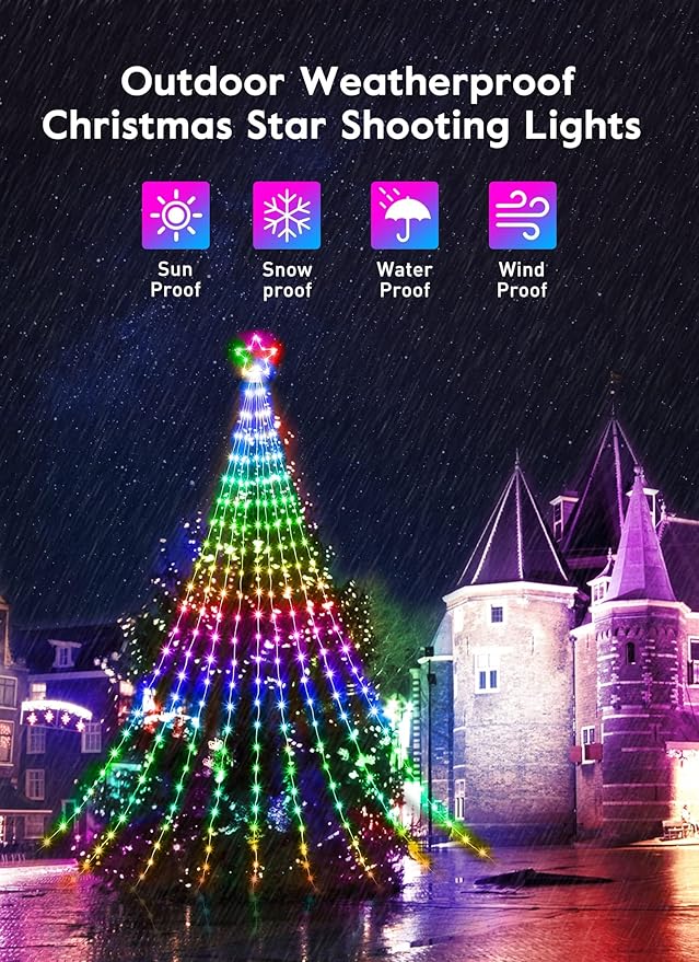 Outdoor Christmas Star String Lights, Smart RGB Waterfall Tree String Light with APP Remote Control, DIY Modes Dimmable Timer Music Sync Shooting Star Fairy Lights for Indoor Outdoor Garden Decoration