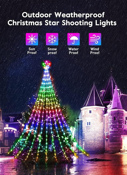 Outdoor Christmas Star String Lights, Smart RGB Waterfall Tree String Light with APP Remote Control, DIY Modes Dimmable Timer Music Sync Shooting Star Fairy Lights for Indoor Outdoor Garden Decoration