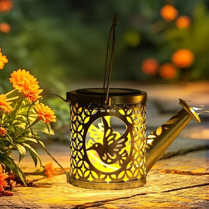 ZKLiLi Solar Fairy Hummingbird Watering Can Lights Outdoor, IP65 Waterproof Garden Decor with one Pole Two Light - Hanging Patio Lawn Pathway Gift for Backyard,Lawn,Patio