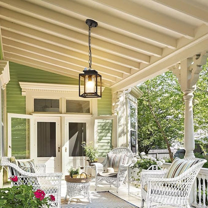 Outdoor Pendant Lights, Dusk to Dawn Modern Outdoor Porch Chandelier Lantern with Sensor, Black Exterior Hanging Porch Light with Hammered Glass, Adjustable Long Chain, OS-KY1001