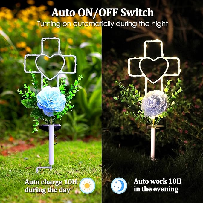 16 Inch Solar Cross Garden Stake Lights with 1 Artificial Flower Metal Garden Art for Patio Lawn Garden Decor Solar | Lumora