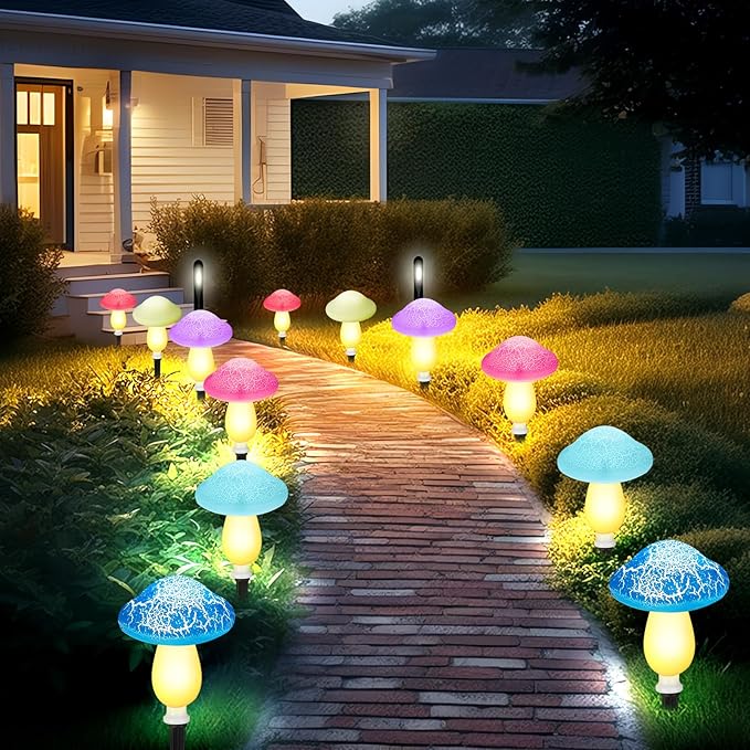 Reginary 12 Pcs Outdoor Lamp Solar Mushroom Light up Garden Mushroom Lights 8 Modes Waterproof Lamp Outside Decor for Holiday Yard Patio Pathway Lawn Ornament(Multicolored,Crack)