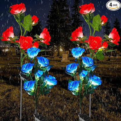 Woanger 4 Pcs Solar Flowers Cemetery Grave Decorations Outdoor LED Flower Lights with 6 Rose Powered Garden Stake Lights Waterproof for Independence Day 250 Anniversary USA Decorations(Red, Blue)