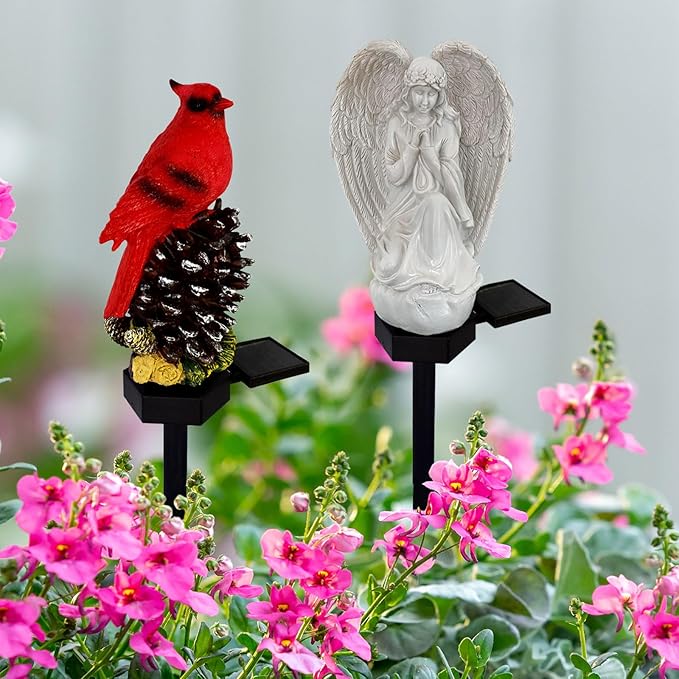 Solar Garden Angel/Cardinal Lights, Waterproof Outdoor Garden Statue Decorations Solar Lights for Cemetery Gravesite Grave Outside Yard Patio Lawn Porch