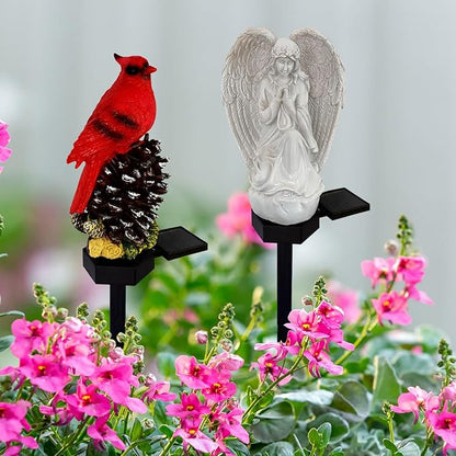 Solar Garden Angel/Cardinal Lights, Waterproof Outdoor Garden Statue Decorations Solar Lights for Cemetery Gravesite Grave Outside Yard Patio Lawn Porch