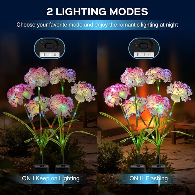 4 Pack Solar Garden Lights Outdoor, Colorful LED Waterproof Solar Powered Carnation Flowers Landscape Lights for Outside Yard, Patio, Pathway Decorative, Décor, Gifts, Two Lighting Modes