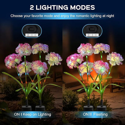 4 Pack Solar Garden Lights Outdoor, Colorful LED Waterproof Solar Powered Carnation Flowers Landscape Lights for Outside Yard, Patio, Pathway Decorative, Décor, Gifts, Two Lighting Modes