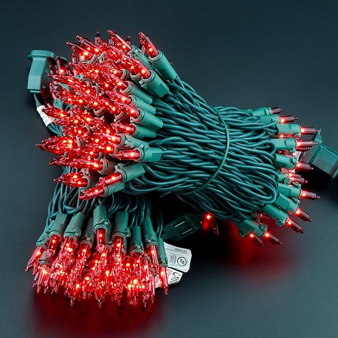 YULETIME 200 Red Christmas Lights, Pack of 2 Sets 33 Feet 100 Count UL Certified Incandescent String Lights (Red - Green Wire)