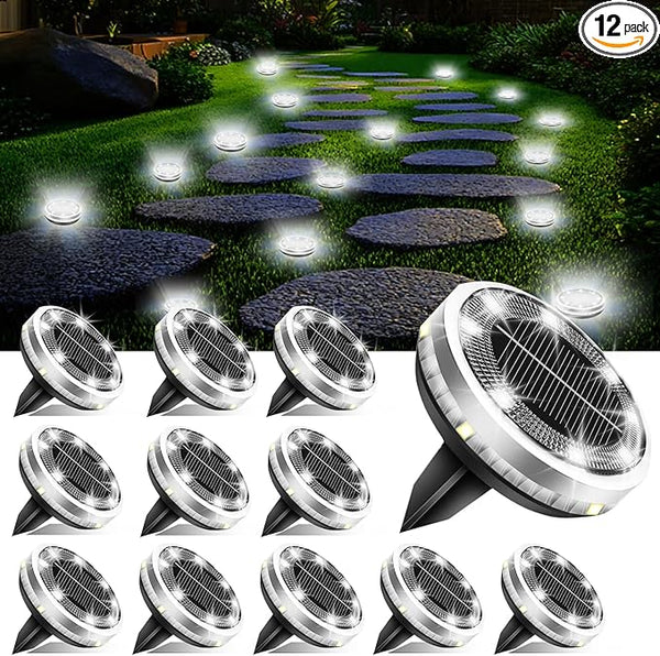 Solar Ground Lights Outdoor 12 Pack Waterproof Upgraded Flat Solar Garden Lights with 4 Side Light Stainless Steel | Lumora