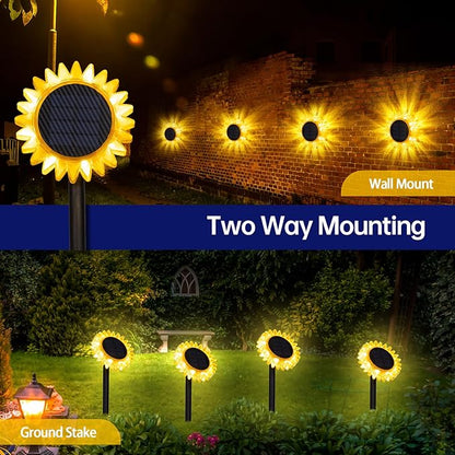 HUYIENO Solar Lights Outdoor Garden Decor Sunflower Waterproof Pathway Fence Lighting Ground/Wall Mounting 2 in 1 for Garden,Patio,Yard Decoration