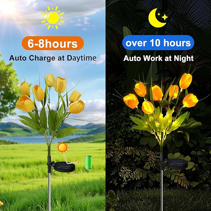 Aolyty Solar Garden Lights Outdoor, Solar Tulip Lights 2 Pack with 14 Tulip Flowers, IP65 Waterproof LED Stake Light for Pathway Patio Yard Landscape Decorative (Yellow)