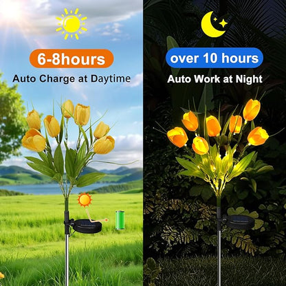 Aolyty Solar Garden Lights Outdoor, Solar Tulip Lights 2 Pack with 14 Tulip Flowers, IP65 Waterproof LED Stake Light for Pathway Patio Yard Landscape Decorative (Yellow)