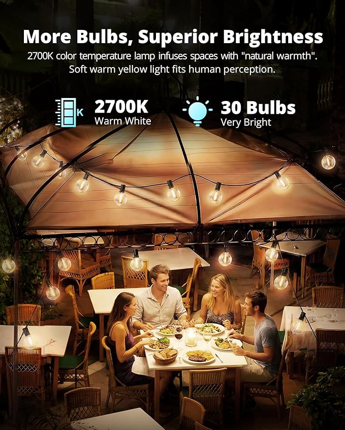 VIPAR Outdoor String Lights, 60FT 32 G40 Bulbs Patio Lights Outdoor Waterproof, Shatterproof Vintage Connectable LED Outside Hanging Light for Backyard, Porch, Garden, Deck, Bistro, 2700K Dimmable