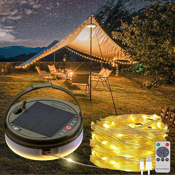 Solar Camping String Lights, 39.4 FT Fairy String Light, 4 in 1 Portable Waterproof Camp Lamp with 8 Lighting | Lumora