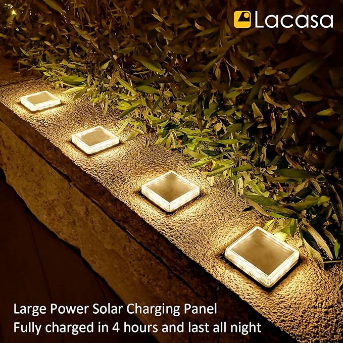 Lacasa Solar Step Lights, 4-Pack 50LM 3000K Warm White LED Solar Deck Lights, Outdoor Solar Powered Step Lights, IP68 Waterproof for Garden Stairs Ground Driveway Pathway