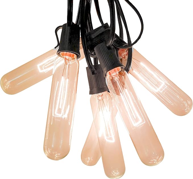 Hometown Evolution, Inc. Edison Bulb Outdoor String Lights with Hand-Threaded Filament (T25 Tube Edison - Black Wire, 25 ft)