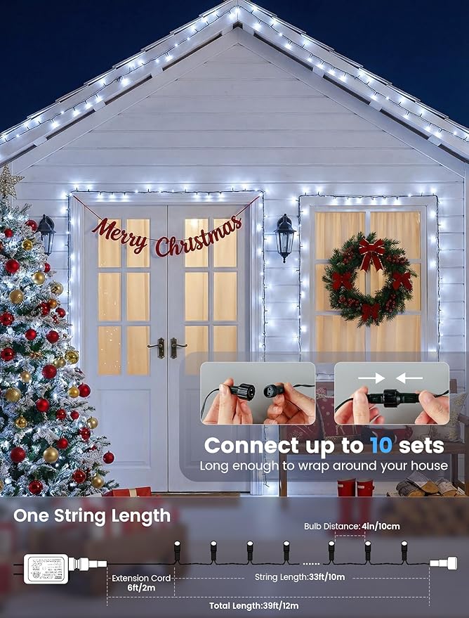 Hopolon String Lights Indoor Outdoor, 33 FT 100 LED Connectable Green Wire Twinkle Fairy Lights, Plug in Christmas Light Waterproof for Wedding Party Patio Spring Decor (Cool White with Remote)