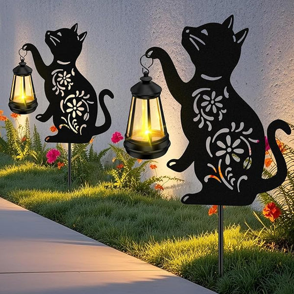 Solar Garden Statues Cat Decor - Outdoor Metal Lantern Silhouette Stake, Waterproof Solar Lights for Yard Patio | Lumora