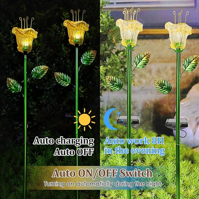 Solar Decorative Flowers 2 Pack - Waterproof Yellow Glass Lily Flower Lights, Auto ON/OFF for Garden, Patio, Backyard