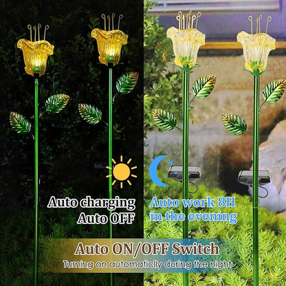 Solar Decorative Flowers 2 Pack - Waterproof Yellow Glass Lily Flower Lights, Auto ON/OFF for Garden, Patio, Backyard