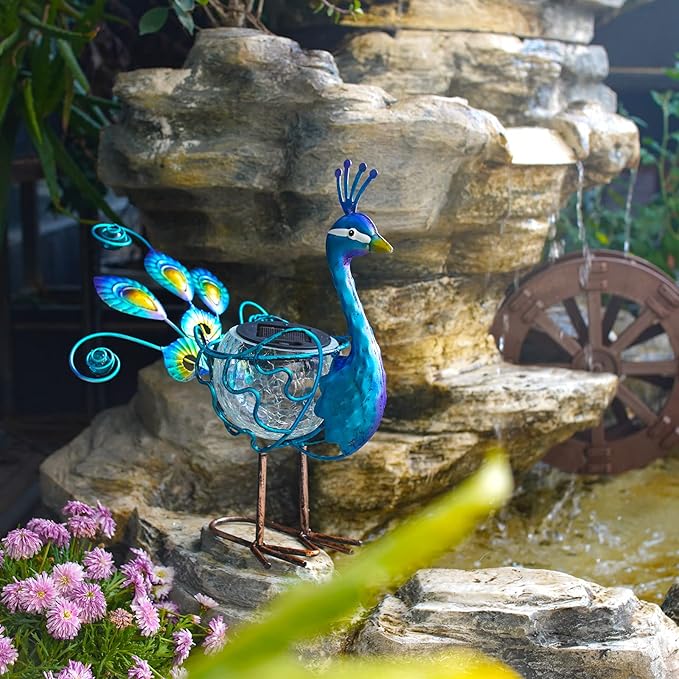 HONGLAND Solar Peacock Statue Light, Solar Animal LED Lights Outdoor, Solar Power Figurine Waterproof Metal Peacock Yard Art for Pathway Patio Backyard Decoration Lawn Ornaments, Peacock Blue