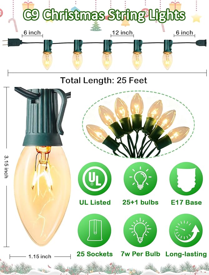 C9 Clear Christmas Lights 25FT, C9 Outdoor Patio String Lights with 26 Warm White Bulbs, Vintage Christmas Tree Lights for Roofline Roof Party Garden Decoration (Green Wire)