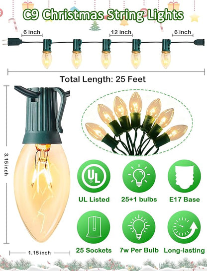 C9 Clear Christmas Lights 25FT, C9 Outdoor Patio String Lights with 26 Warm White Bulbs, Vintage Christmas Tree Lights for Roofline Roof Party Garden Decoration (Green Wire)