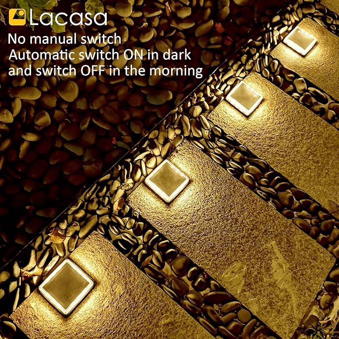 Lacasa Solar Step Lights, 4-Pack 50LM 3000K Warm White LED Solar Deck Lights, Outdoor Solar Powered Step Lights, IP68 Waterproof for Garden Stairs Ground Driveway Pathway