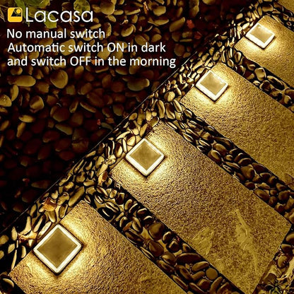 Lacasa Solar Step Lights, 4-Pack 50LM 3000K Warm White LED Solar Deck Lights, Outdoor Solar Powered Step Lights, IP68 Waterproof for Garden Stairs Ground Driveway Pathway
