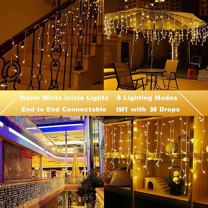 Joomer Christmas Icicle Lights - 19FT Outdoor String Lights Waterproof, 8 Modes Timer Connectable Plug-in String Light for Christmas Party, Eaves, Roofs, Xmas Decorations (Warm White)
