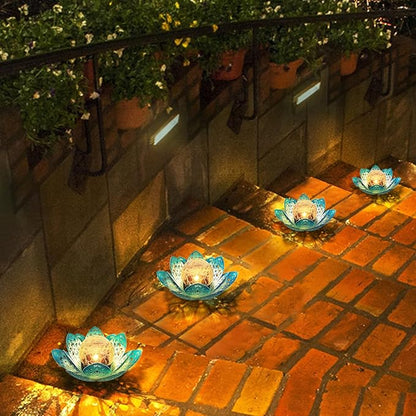 2 Pack Solar Lights Outdoor Garden 6.3 " Glass Lotus Lamp Waterproof LED Metal Flower Lights Outdoor Garden Table Decor for Outside Balcony, Patio, Deck, Porch, Walkway