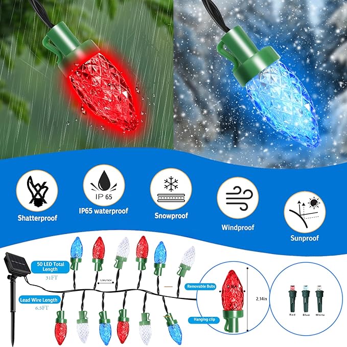 4th of July Decorations C7 Bulb Solar String Lights Outdoor Waterproof 50 LED Red White Blue Solar Lights for Independence Day President Memorial Day Christmas Party Patriotic Decorations