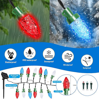 4th of July Decorations C7 Bulb Solar String Lights Outdoor Waterproof 50 LED Red White Blue Solar Lights for Independence Day President Memorial Day Christmas Party Patriotic Decorations