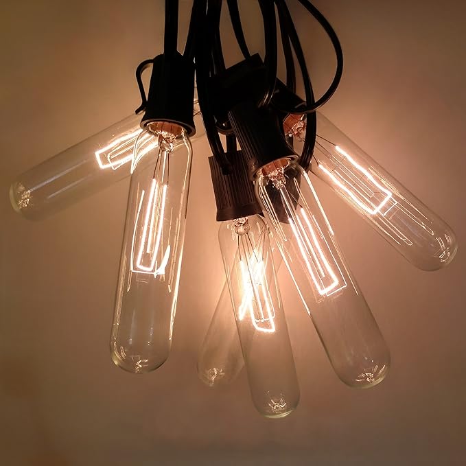 Hometown Evolution, Inc. Edison Bulb Outdoor String Lights with Hand-Threaded Filament (T25 Tube Edison - Black Wire, 100 ft)