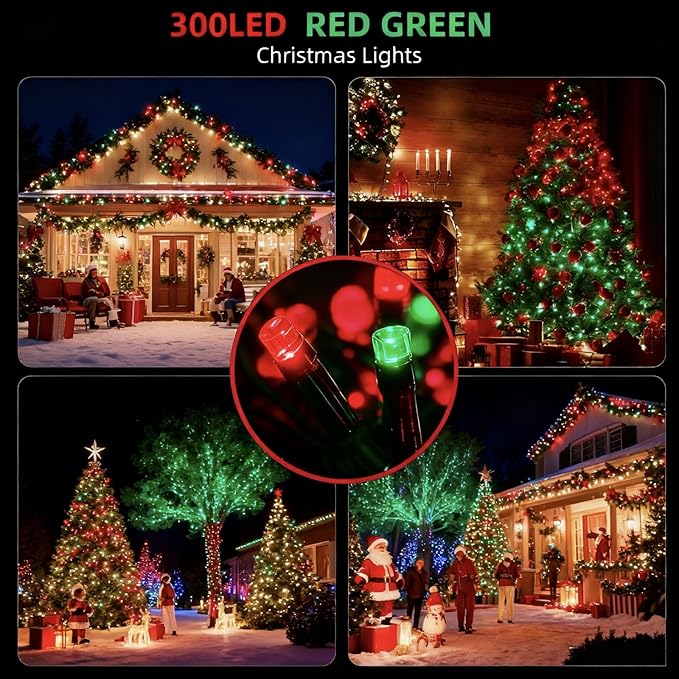 105FT 300 LEDs Red Green Christmas Lights Outdoor Indoor, Christmas Tree Lights Party Decorations, 8 Lighting Modes | Lumora
