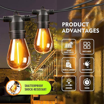 Outdoor Solar String Lights 36FT 15, Shatterproof & Waterproof LED Patio Lights with Remote, Dimmable & Timer Functions, 2700K Warm White Commercial Grade Decorative Hanging Lights