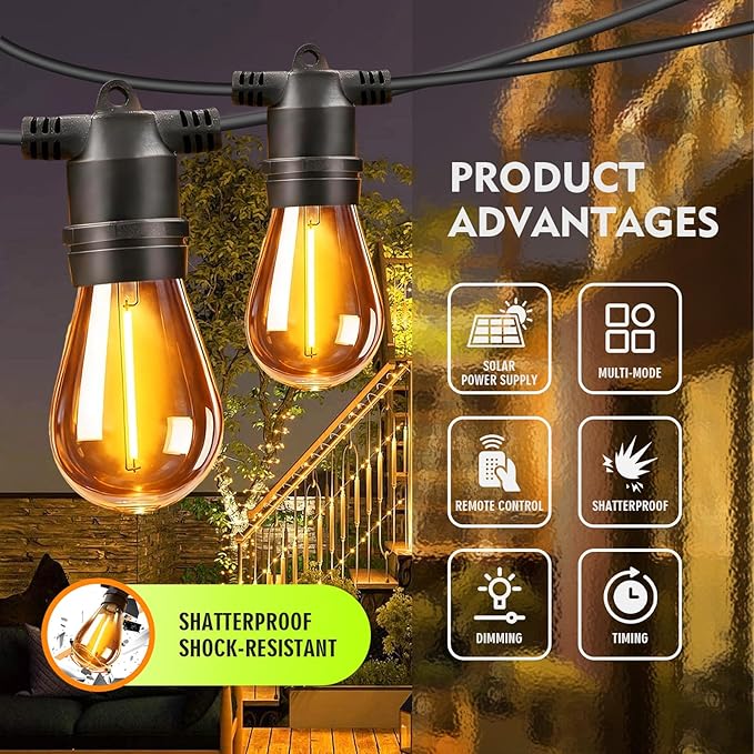 34ft S14 String Lights with 15 Golden Yellow Light Guide Column LED Bulbs – Shatterproof Waterproof E26 for Outdoor | Lumora