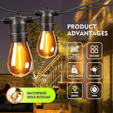 34ft S14 String Lights with 15 Golden Yellow Light Guide Column LED Bulbs – Shatterproof Waterproof E26 for Outdoor | Lumora