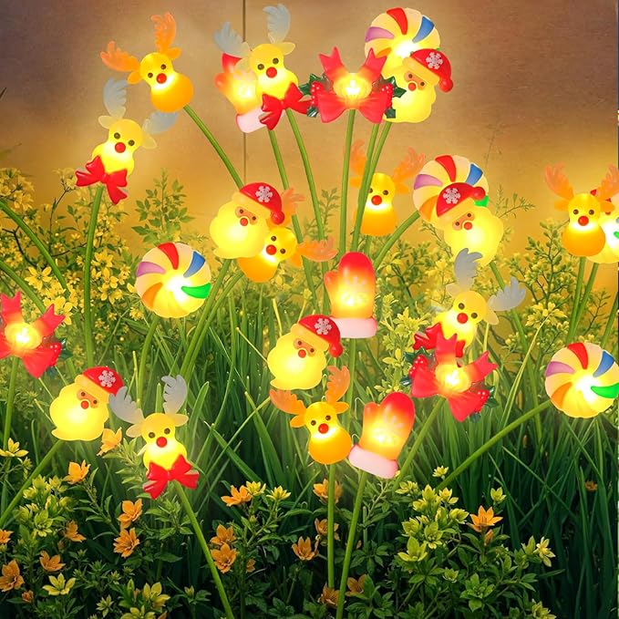 Christmas Solar Garden Lights Outdoor, 4 Pack 24 LED Firefly Swaying Lights with Santa Reindeer Candy Cane Mitten Decor, 6 Heads Waterproof Pathway Yard Lawn Holiday Decorations (CH LEDs)