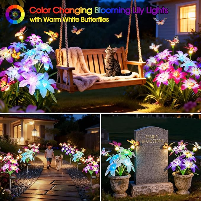 Garpar Solar Lily Lights with Swaying Butterflies, Upgraded Garden Solar Lights Outdoor Decorative, Waterproof | Lumora